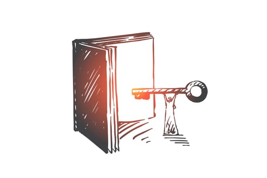 Answers search, education concept sketch. Knowledge gain, wisdom unlock, learning metaphor, arab businessman opens book with key, muslim man looking for problem solution. Hand drawn isolated vector