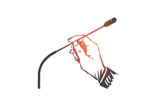 Press conference, broadcast, concept sketch. Mass media interview, business meeting and seminar, politician presentation, orator speech, businessman hand holding microphone. Hand drawn isolated vector