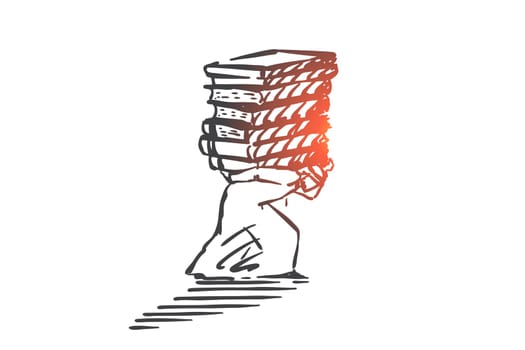 Education, knowledge, wisdom concept sketch. Arab businessman carry books, Muslim university student learning, college exams preparation, literature reading, studying. Hand drawn isolated vector