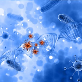 3D render of a medical background with DNA strands and abstract virus cells