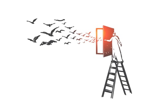 Imagination and inspiration concept sketch. Muslim businessman standing on ladder and flying birds behind open door, Arab creative thinking, freedom metaphor. Hand drawn isolated vector