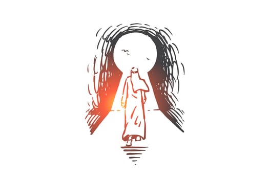 Business opportunity, access concept sketch. Problem solution, success achievement metaphor, muslim man, arab businessman walking into keyhole shaped door back view. Hand drawn isolated vector