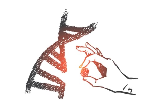 Genetic engineering science concept sketch. Gene manipulation and mutation, molecule replacing in DNA helix structure, genome modification, biotechnology and bioengineering. Hand drawn isolated vector