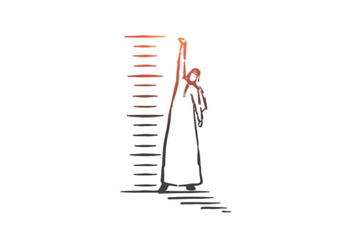 Personal development and motivation concept sketch. Muslim businessman ambitions and career growth progress, Arab man self management and improvement metaphor. Hand drawn isolated vector