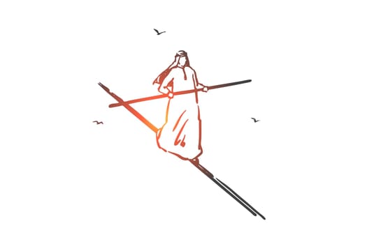 Business risk management concept sketch. Balance, equilibrium, risky situation metaphor, confident arab businessman walking on rope, muslim tightrope walker holding pole. Hand drawn isolated vector