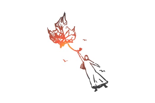 Fantasy, adventure, dream concept sketch. Carefree lifestyle, freedom creative surreal metaphor, free arab, muslim man flying away, holding on huge maple tree leaf. Hand drawn isolated vector