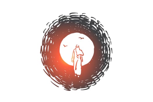 Hope, faith, solution concept sketch. Arab businessman solving problem, Muslim man searching business solution, depression and anxiety, death and afterlife metaphor. Hand drawn isolated vector