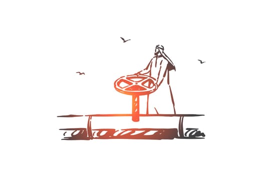 Petroleum industry, business concept sketch. Crude oil conduit pipe, gas transportation line, fuel pipeline, rich arab businessman, muslim man spinning valve. Hand drawn isolated vector
