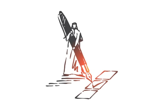 Opinion survey, paperwork concept sketch. Checklist, voting ballot, questionnaire filling metaphor, arab businessman choosing option, muslim man holding big pen. Hand drawn isolated vector