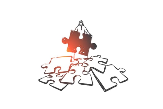 Problem solving, challenge concept sketch. Business planning, strategy development metaphor, arab businessman, muslim entrepreneur holding big jigsaw puzzle piece. Hand drawn isolated vector