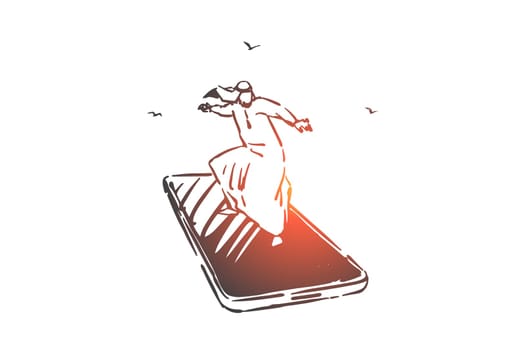Modern mobile technology concept sketch. Arab businessman on huge smartphone, fast internet surfing metaphor, online information search, muslim man on cellphone. Hand drawn isolated vector