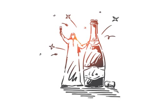 Holiday celebration concept sketch. Arab man holding glass with alcohol beverage, Muslim businessman celebrating project finish, male character with champagne bottle. Hand drawn isolated vector