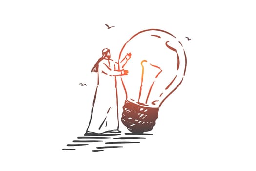 Idea generation, brainstorm concept sketch. Creative entrepreneurship, thinking metaphor, arab businessman holding light bulb, muslim man with innovative business solution. Hand drawn isolated vector