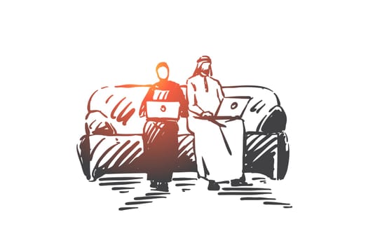 Freelance, Internet leisure concept sketch. Arab wife and husband spending time online, Muslim man and woman using modern laptops, male and female freelancers. Hand drawn isolated vector