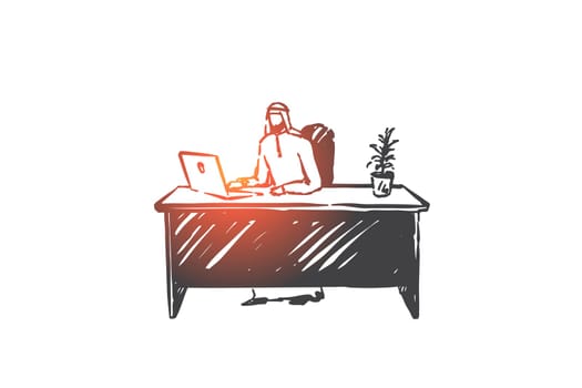 Remote job, freelance concept sketch. Personal workspace, home workplace, remote business, arab freelancer, company ceo, muslim businessman working with laptop. Hand drawn isolated vector