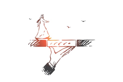 Support, coaching, leadership concept sketch. Team leader hand holding bridge with Muslim businessman, Arab solving business problem, ambitions metaphor. Hand drawn isolated vector
