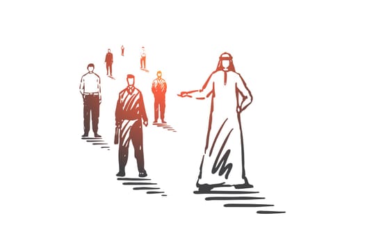 International team, teamwork concept sketch. Human resources management, business partnership, recruitment metaphor, arab businessman, muslim hr manager selecting recruits. Hand drawn isolated vector