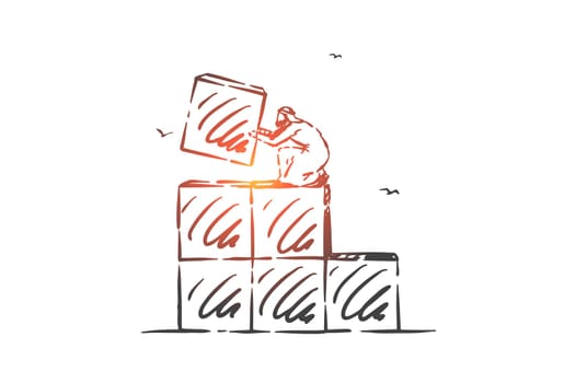 Career ladder building concept sketch. Business development, success achievement process surreal metaphor, arab businessman, muslim entrepreneur moving blocks. Hand drawn isolated vector