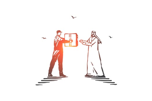 Express delivery business concept sketch. Transportation industry, commerce, package delivering, arab businessman, muslim man receiving parcel, professional courier service. Hand drawn isolated vector