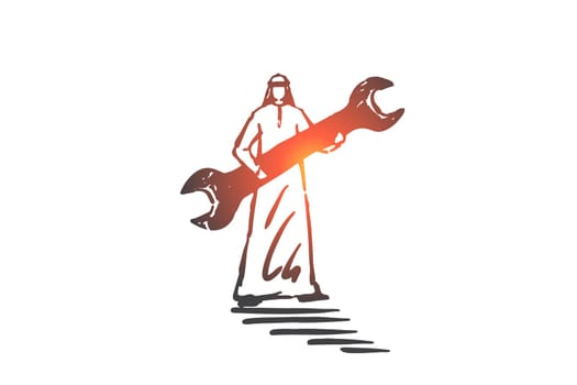 Technical support service concept sketch. Professional maintenance, business problem fixing metaphor, arab businessman with wrench, muslim technician holding spanner. Hand drawn isolated vector