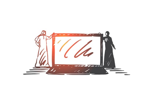 Online business communication concept sketch. Arab businessman and businesswoman, muslim coaches with laptop, internet coworking, training courses, digital marketing. Hand drawn isolated vector