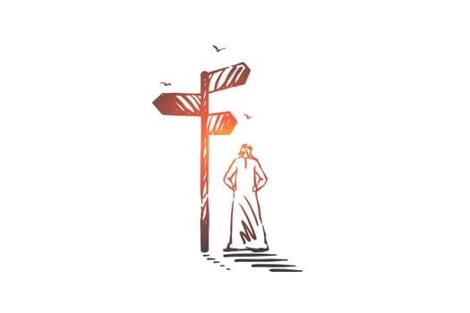 Business direction choice concept sketch. Arab man standing by navigation sign post, multiple career options, decision making metaphor, muslim businessman choosing path. Hand drawn isolated vector