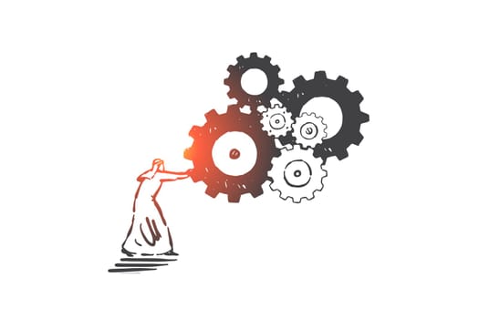 Business problem solving concept sketch. Arab man brainstorming, Muslim businessman innovation and creative solution, teamwork and cooperation strategy metaphor. Hand drawn isolated vector