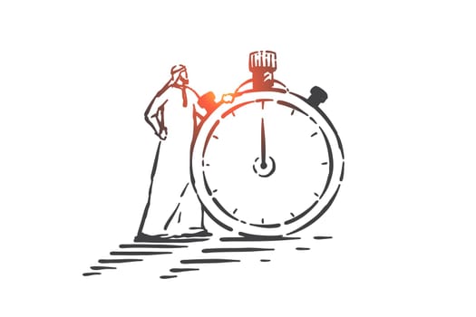 Time management, organization concept sketch. Effective planning, work productivity, efficiency optimization metaphor, organized muslim man, arab businessman with stopwatch. Hand drawn isolated vector