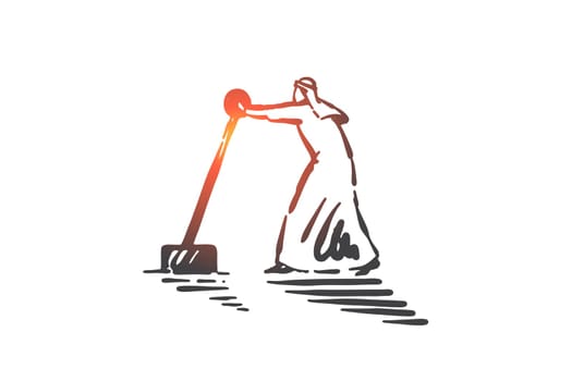 Business plan execution concept sketch. Startup launch, project start creative metaphor, male arab entrepreneur, successful muslim businessman pulling huge lever arm. Hand drawn isolated vector