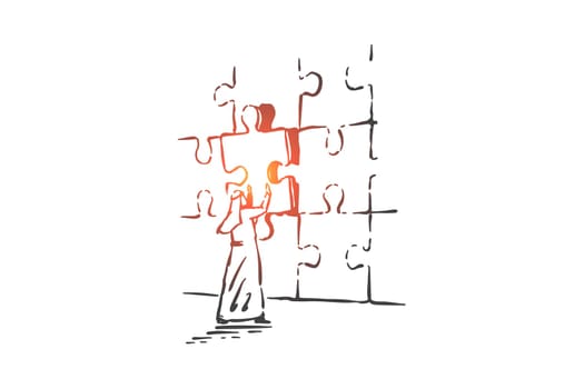 Jigsaw puzzle assembling concept sketch. Business strategy development, logical thinking, problem solving metaphor, arab businessman, muslim man putting pieces together. Hand drawn isolated vector