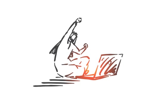 Online business, recreation concept sketch. Stock market trading, internet casino, modern gambling, successful arab businessman, happy muslim man with laptop. Hand drawn isolated vector