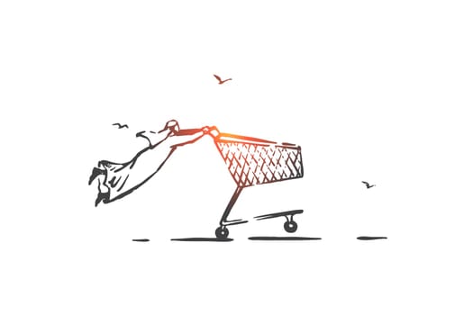 Hot sale, commerce concept sketch. Consumerism, wholesale metaphor, arab businessman, shop customer, muslim shopper, shopaholic with trolley on shopping spree. Hand drawn isolated vector