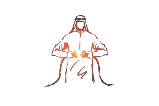Business connection establishment concept sketch. Arab businessman holding plug and outlet, project start, startup launch metaphor, muslim man disconnecting socket. Hand drawn isolated vector