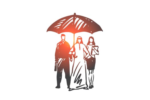Health, life insurance concept sketch. Business safety assurance, financial protection metaphor, arab businessman, muslim client and agents standing under open umbrella. Hand drawn isolated vector
