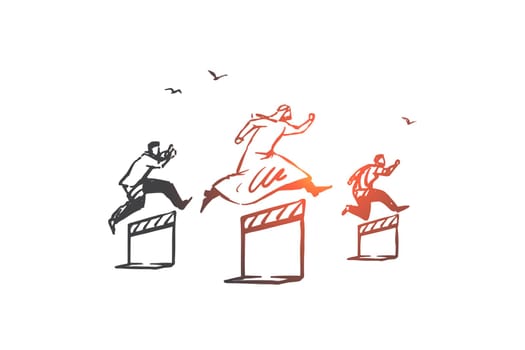 Business competition, rivalry concept sketch. Contest, corporate race, challenge, determination metaphor, arab businessmen, muslim entrepreneurs running with obstacles. Hand drawn isolated vector