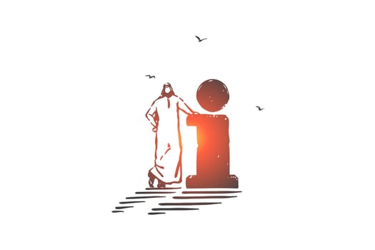Information research, helpdesk concept sketch. Info symbol, readme sign, business support service, muslim entrepreneur, arab businessman standing by huge letter. Hand drawn isolated vector