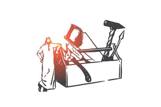Repair service, workshop concept sketch. Carpenter profession, technician, mechanic occupation, muslim man with repairman equipment, arab handyman with huge tool box. Hand drawn isolated vector