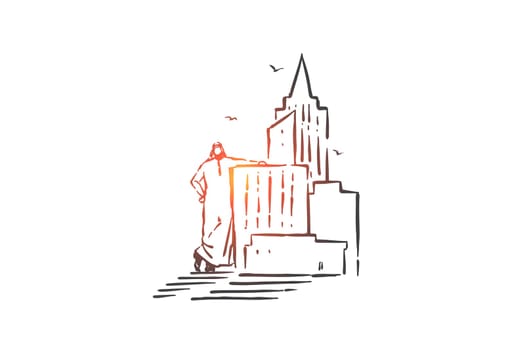 Building, construction business concept sketch. Arab businessman, professional muslim architect standing by city model, industrial project, modern urban architecture. Hand drawn isolated vector