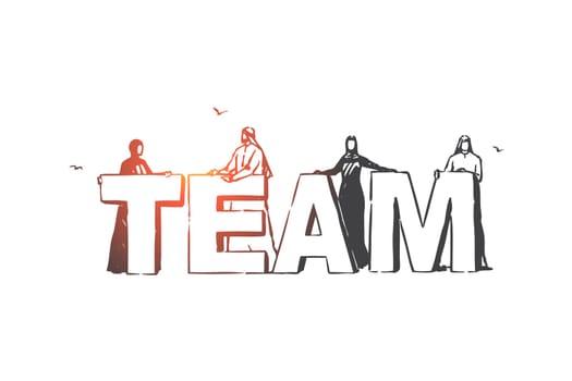 Teamwork, cooperation, partnership concept sketch. Professional arab businessmen and businesswomen team, people working together, business coworking, muslim colleagues. Hand drawn isolated vector