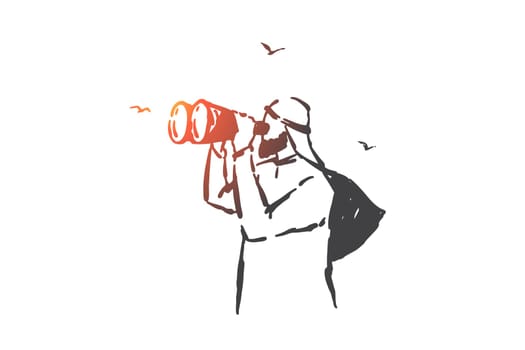 Business vision, headhunting concept sketch. Recruitment metaphor, muslim man holding binoculars, successful arab businessman looking for investment opportunities. Hand drawn isolated vector