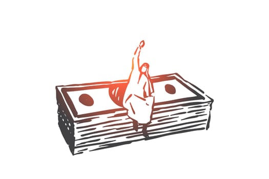 Profitable investment, payday concept sketch. Successful entrepreneurship, profitable business metaphor, wealthy arab businessman, happy muslim investor sitting on cash. Hand drawn isolated vector