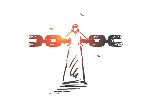 Reliability, connection, obligation concept sketch. Business restriction, financial debt, freedom restrain metaphor, dependable muslim man, arab businessman linking chain. Hand drawn isolated vector