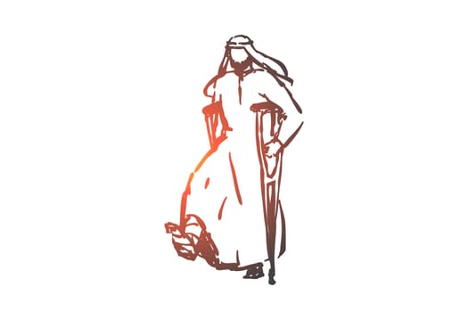 Work injury, trauma concept sketch. Insurance case, leg break, medical assistance, healthcare, injured arab businessman on crutches, muslim man with plastered foot. Hand drawn isolated vector