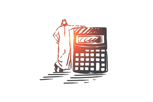 Business risk calculation concept sketch. Budget assessment, financial audit, economic literacy, accounting, bookkeeping metaphor, arab businessman with calculator. Hand drawn isolated vector