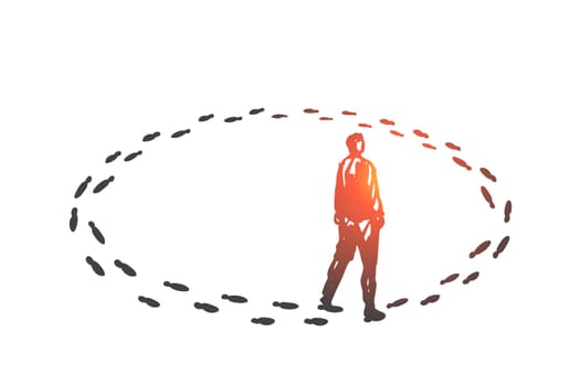 Vicious circle, monotony concept sketch. Ineffective problem solution, monotonous work, business routine creative metaphor, office worker, businessman walking in circles. Hand drawn isolated vector