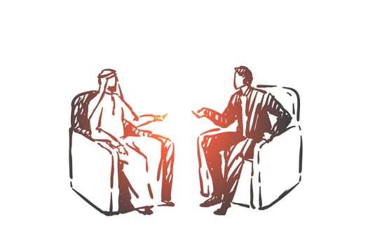 Political meeting, diplomacy concept sketch. Business interview, corporate relationship establishment, international partnership, arab and western politicians negotiating. Hand drawn isolated vector