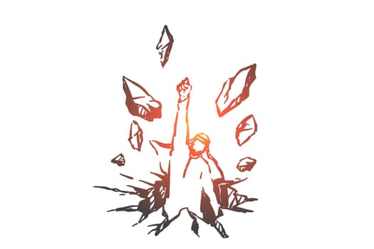 Freedom struggle, determination concept sketch. Overcoming obstacles, ambition, aspiration metaphor, arab man breaking free, muslim person smashing through wall. Hand drawn isolated vector