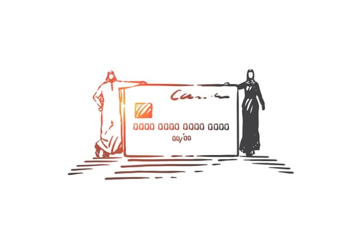 Financial account opening concept sketch. Banking service, finances management, arab businessman and businesswoman, muslim banker and customer with huge credit card. Hand drawn isolated vector
