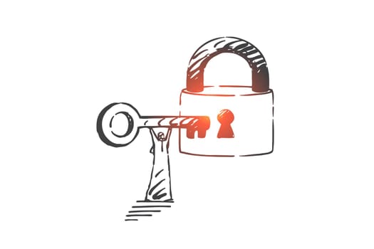 Lock opening, security concept sketch. Access limitation, problem solution, real estate business metaphor, muslim man, arab businessman holding key to huge padlock. Hand drawn isolated vector