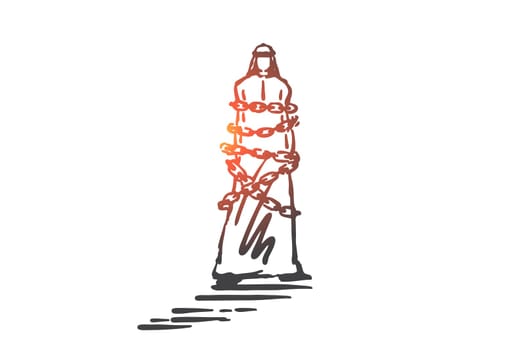 Financial debt, obligation concept sketch. Business restriction, freedom restrain, mortgage loan, credit slavery metaphor, arab businessman, muslim man bound by metal chain. Hand drawn isolated vector